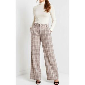 MAEVE x ANTHROPOLOGIE Pleated Wide Leg Linen-Blend Plaid Pants, Brown Motif, 10